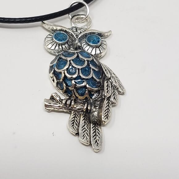 Owl Pendant Necklace w/ Blue Sparkle Resin Body & Eyes - Picture 7 of 8